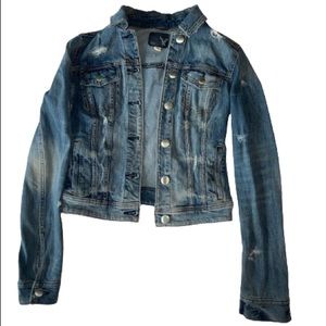 American Eagle distressed, medium wash denim jacket.